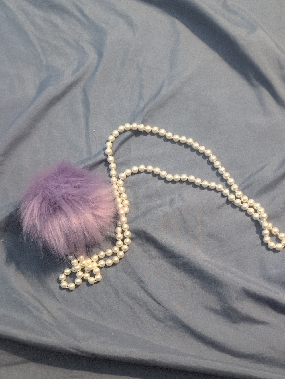 Pearl Beaded Lanyard with Lavender Fur Pom Pom